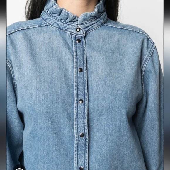 Ba&Sh Denim Shirt High Ruffle Collar Blue Size 3 - Picture 2 of 11